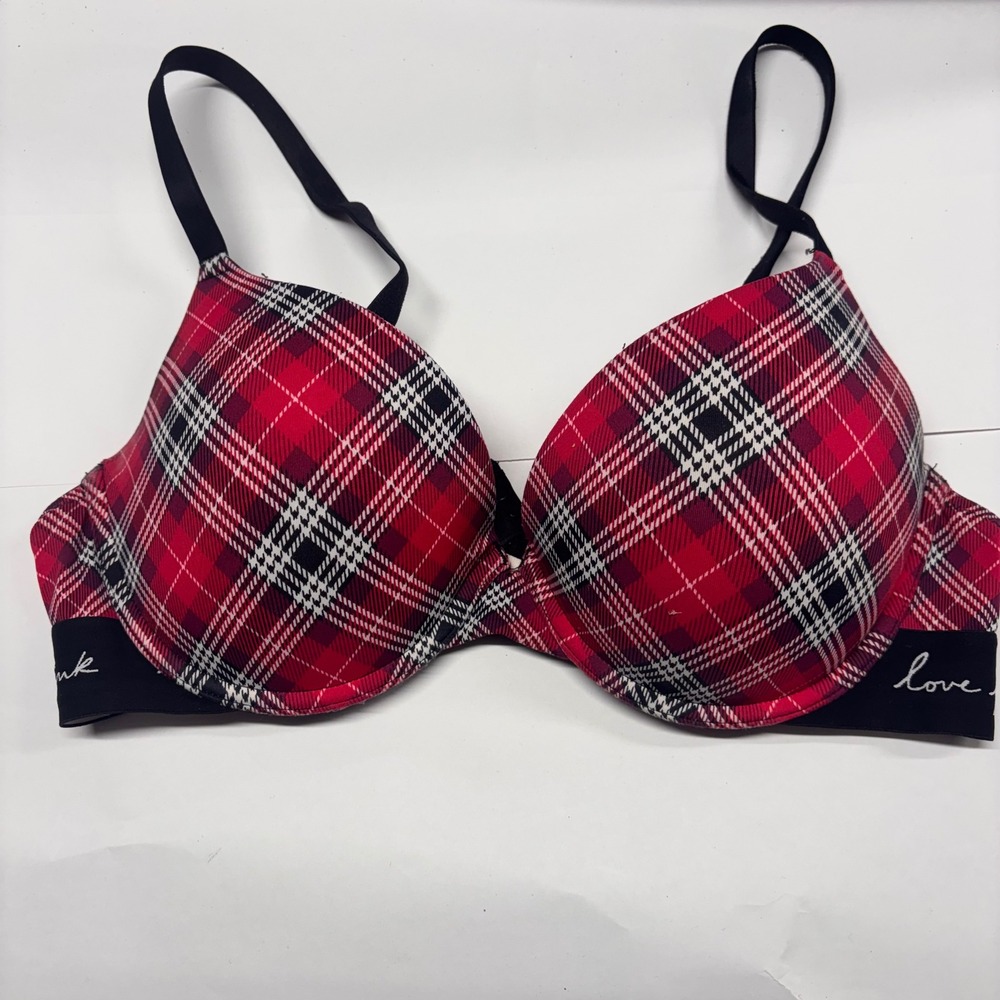 Victoria's Secret PINK Wear Everywhere Push-Up Bra Red Plaid 36C 407824-ARB